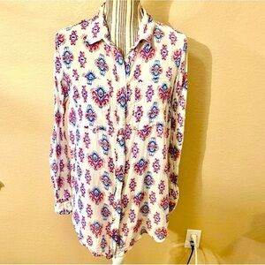 Nashville Blouse Medium JAK White 100% Cotton Blue Pink Orange Western